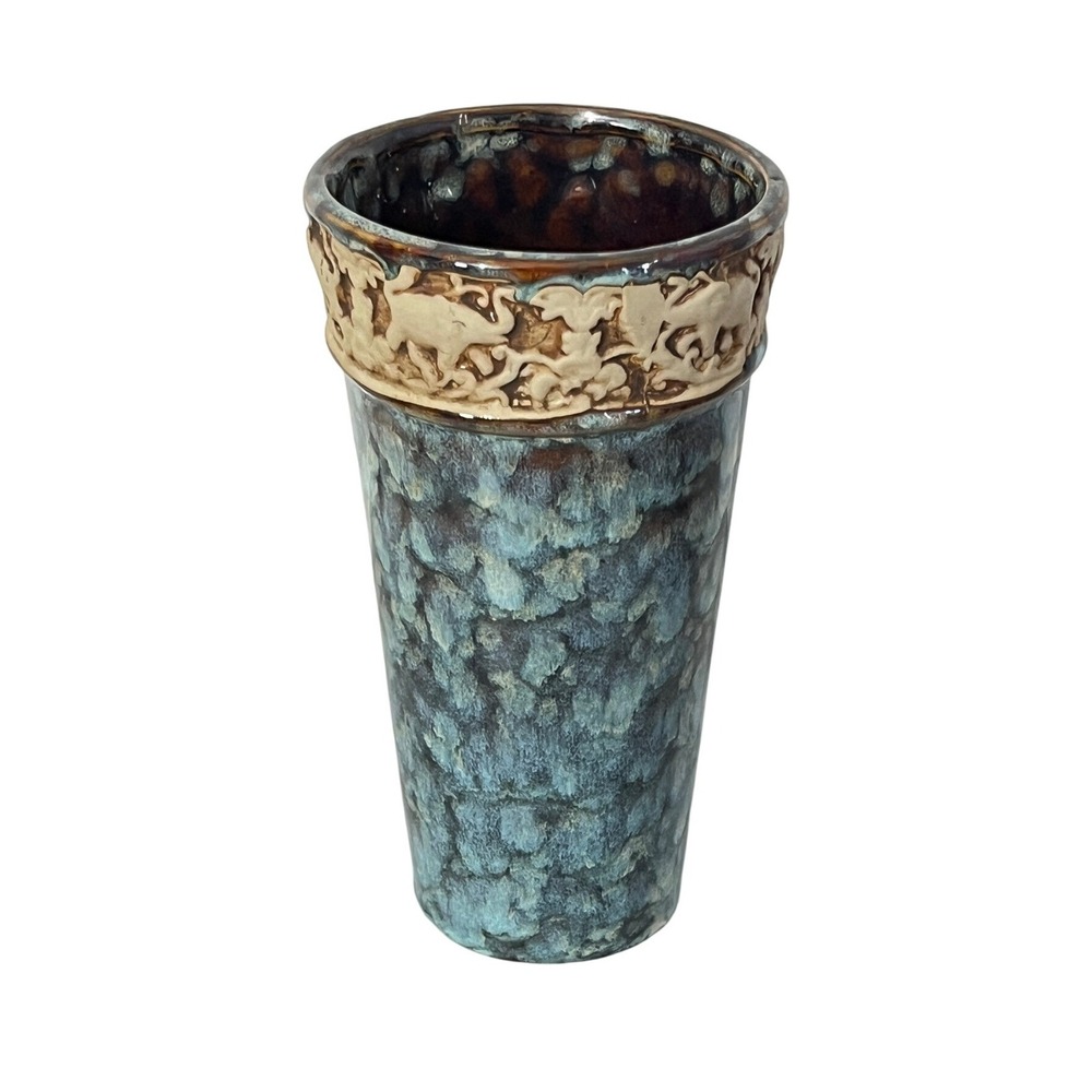 Unbranded Elephant Relief Ceramic Vase OS Blue Brown Mottled‎ Glaze Boho Decor